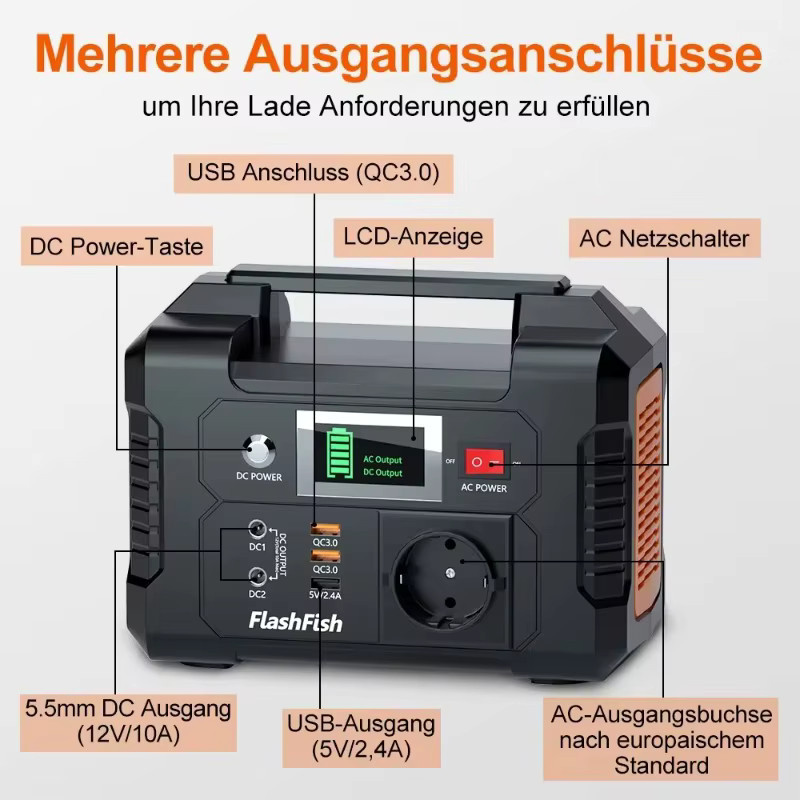 Flashfish E200 Tragbare Ladestation mit 200W Solar-Lademöglichkeit und 151Wh Lithium-Batterie in Schwarz für Outdoor und Camping - Bild 2