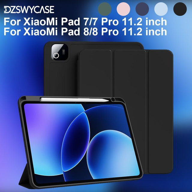 Silikonhülle für Xiaomi Pad 7/7 Pro und Xiaomi Pad 8/8 Pro 11,2 Zoll in Schwarz mit Stifthalter und Dreifach-Faltständer sowie Auto-Schlaf/Wach-Funktion - Bild 1
