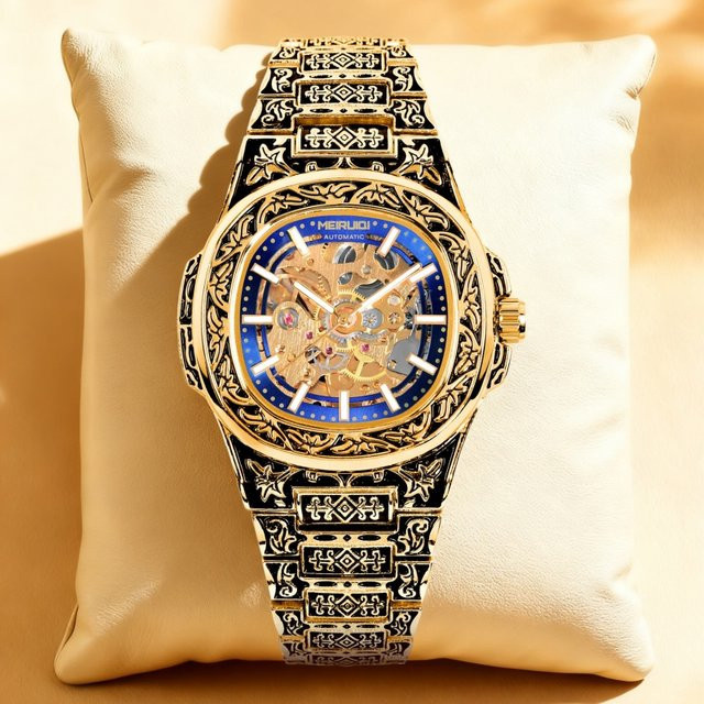 MEIRUIQI Armbanduhr Edelstahl, Gold, Blau, Automatik, Herren, Vintage - Bild 1