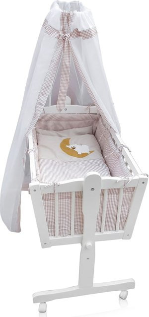Oskar Baby Wiege und Stubenwagen als Beistellbett aus Massivholz mit 9-teiligem Zubehör in Weiß und Beige - Bild 1