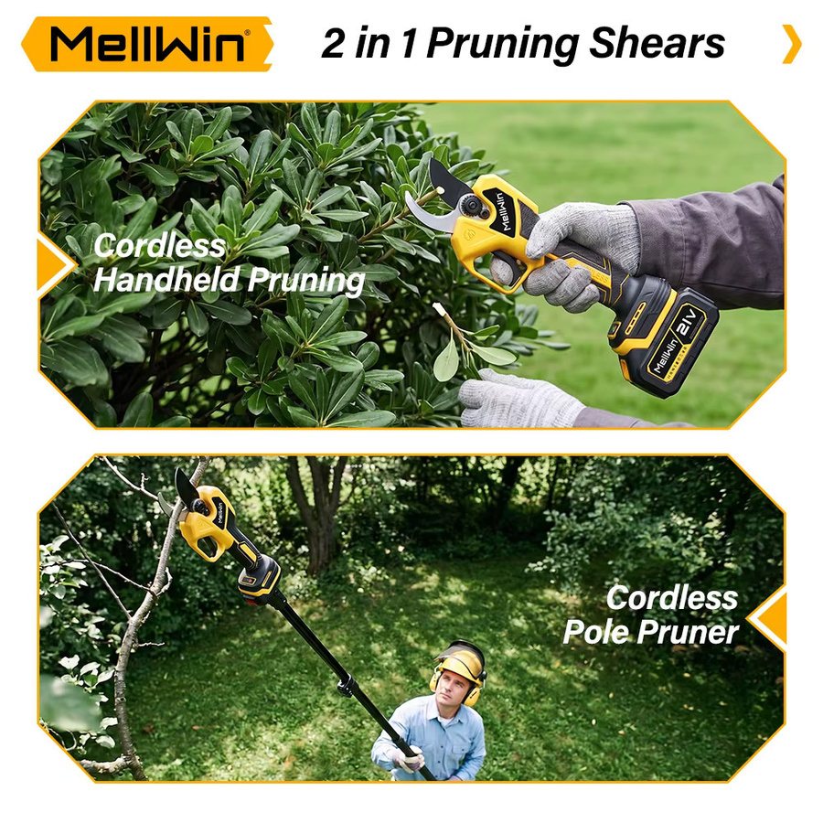 MELLWIN Bürstenlose Elektro-Astschere mit 60 mm Schneidkapazität und 180 cm Teleskopstange, 2-in-1 Gartenwerkzeug in Gelb, kompatibel mit Makita LXT 18V Akku - Bild 2