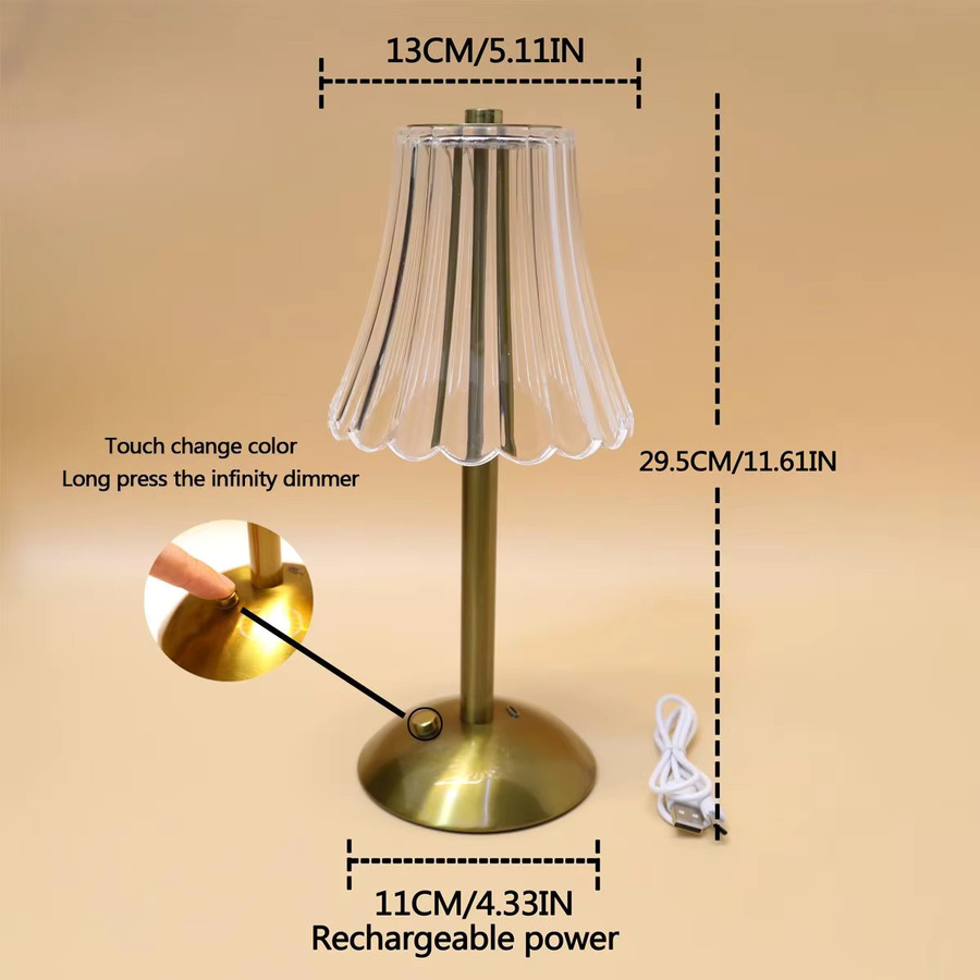 Vintage Kristall-LED-Schreibtischlampe mit USB-Aufladung und Touch-Funktion in Gold/Messing und Transparent, Höhe: 29,5 cm, Durchmesser: 13,0 cm - Bild 4