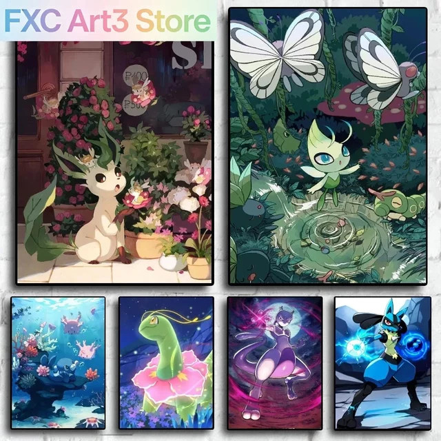 Kayou Anime Poster Leafeon und Celebi als rahmenloser Leinwanddruck in Mehrfarbig - Bild 1