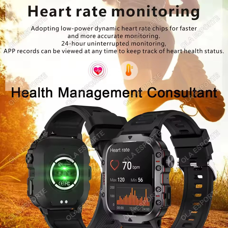 Ola Esporte Militär-Smartwatch für Herren in Schwarz mit 2,01 Zoll HD-Touchscreen, Bluetooth-Anruffunktion und LED-Taschenlampe - Bild 5