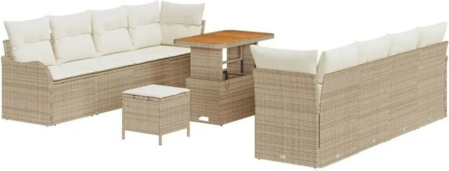vidaXL 11-teiliges Garten-Sofa-Set aus Poly Rattan und Akazie mit beigen Kissen in Beige-creme - Bild 1