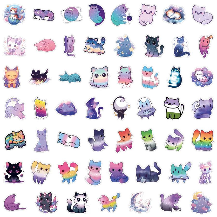 Charile Kawaii Bunte Starry Sky Katze Cartoon Aufkleber, Set aus 10, 30 oder 55 Stück - Bild 2