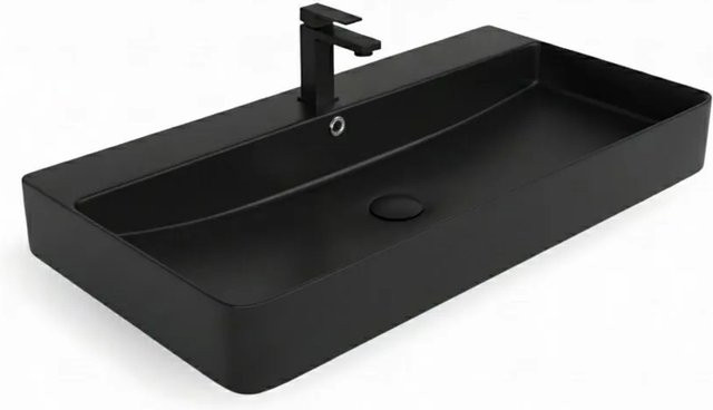 Stilform Berlin Waschbecken aus Keramik in Schwarz Matt mit Hahnloch für Wandmontage oder als Aufsatzwaschbecken, Breite: 80 cm - Bild 1