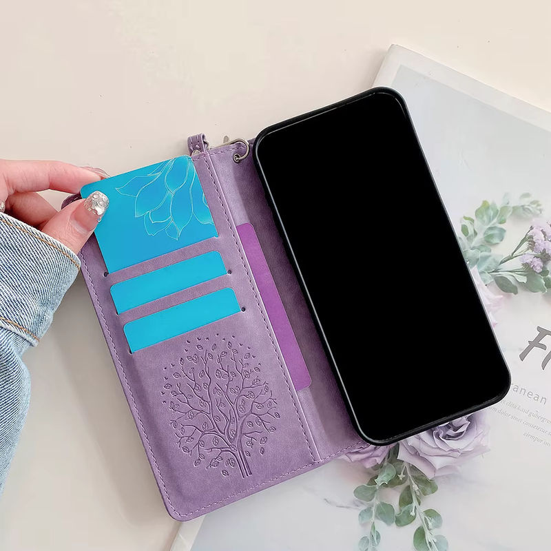 Magnetische Flip Cover Handyhülle mit Kartenfach und Trageriemen für Huawei Nova, Pro, Ultra, SE und Y-Serie in Grau und Lila - Bild 3