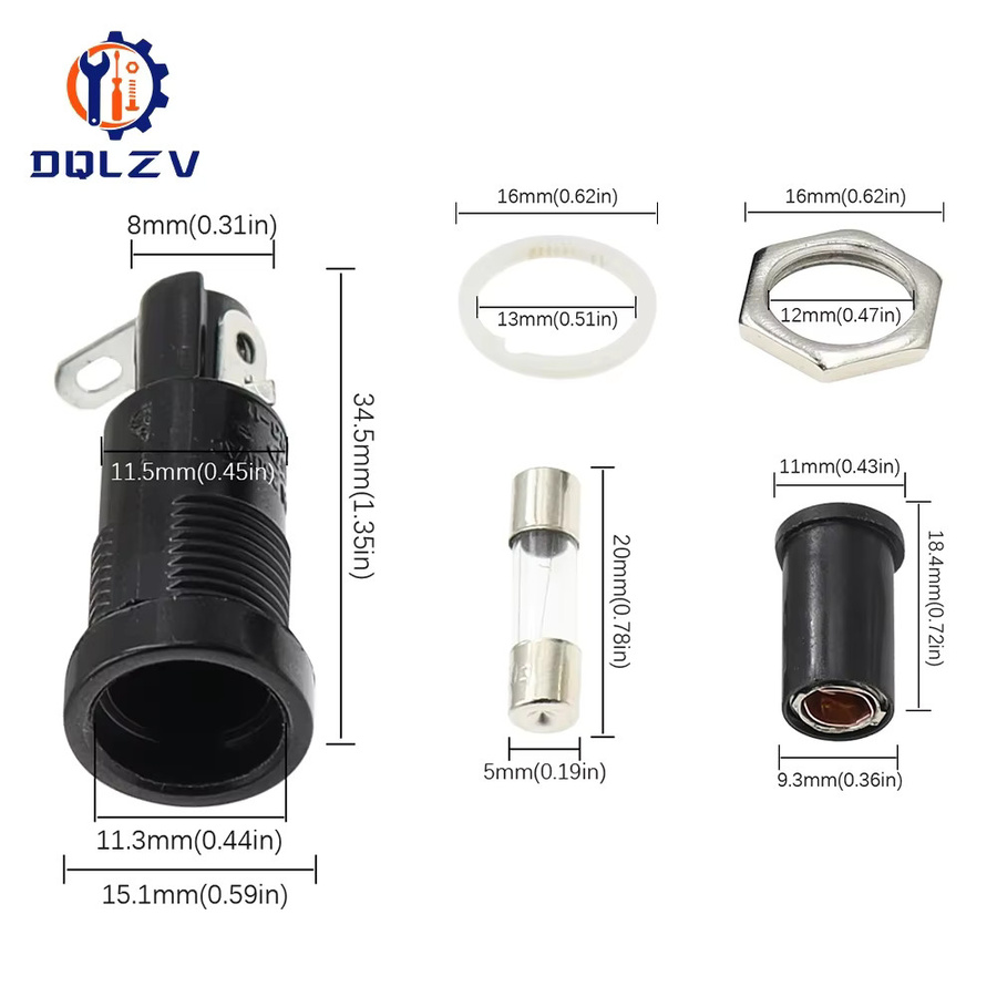 DQLZV R3-11 Panel Mount Chassis Sicherungshalter für 5 x 20 mm Glassicherungen, 10 A, 250 V, Schwarz - Bild 3