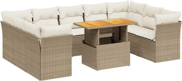 vidaXL 10-tlg. Garten-Sofagarnitur in L-Form aus Poly-Rattan und Akazienholz mit Kissen in Beige und Cremeweiß - Bild 1