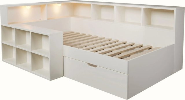 Merax Holzbett in Weiß mit Stauraum durch Schubladen, integriertem USB-Ladeport und Leselicht, B/T/H: 90 x 200 x 74 cm - Bild 1