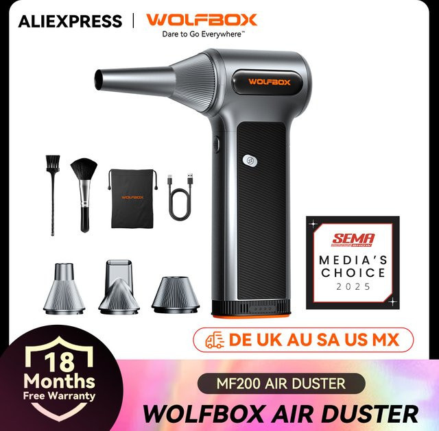 WOLFBOX MF200 Elektrischer Ventilator-Staubsauger und kabelloser Luftbläser in Schwarz für Auto, Zuhause und Outdoor - Bild 1