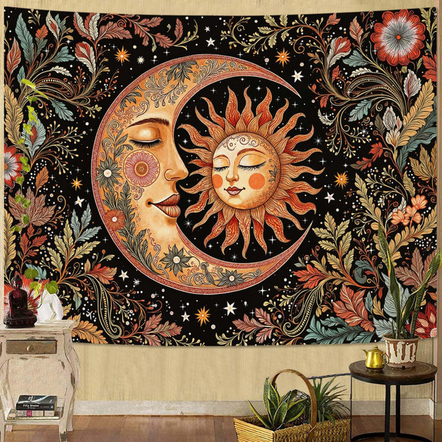 VIKAMA Vintage Sonnen- und Mond-Wandteppich im Boho-Stil, Mehrfarbig, B/H: 60 x 40 cm - Bild 1