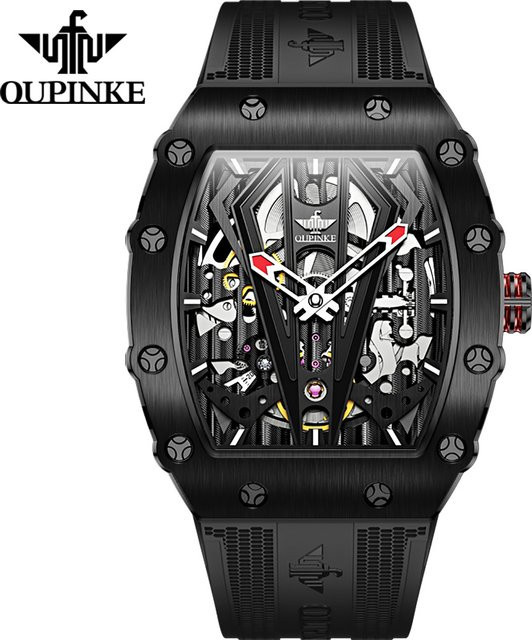 OUPINKE Armbanduhr Automatik, Tonneau, Silikonarmband, Schwarz, Herren - Bild 1