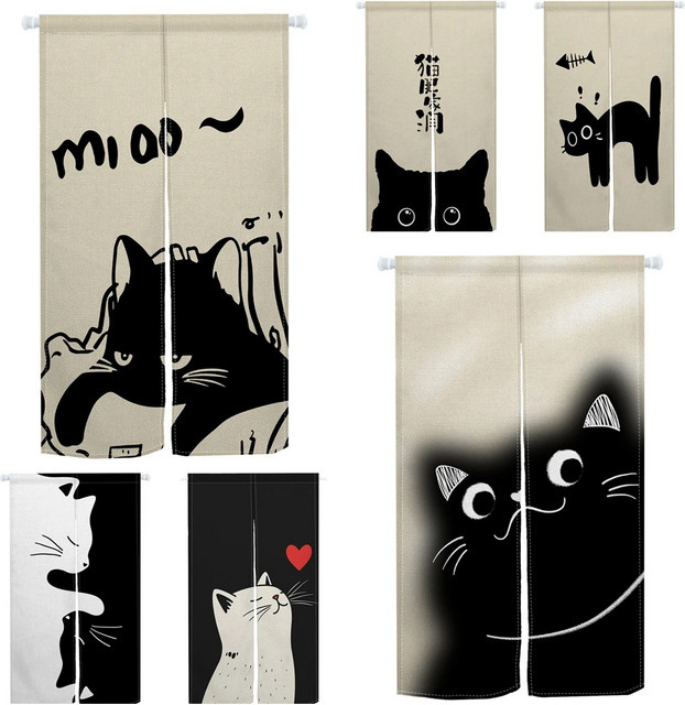 VIKAMA Katzen-Türvorhang im japanischen Norin-Stil, schwarz-weiß, Cartoon-Design, Breite: 90 cm, Höhe: 65 cm - Bild 1