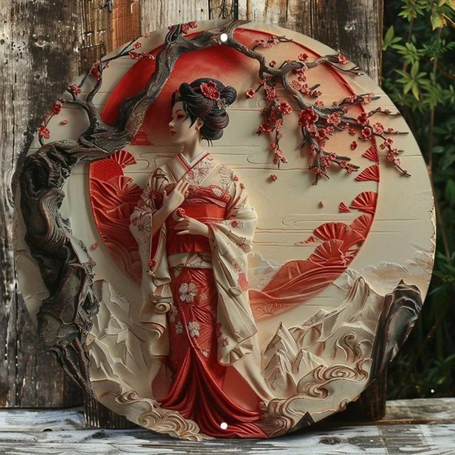 Amawe Aluminium-Wandkunst Japanischer Sonnenuntergang mit Frauenporträt, Rundes Metallschild in Multicolour, UV-beständige Dekoration für Innen und Außen - Bild 1
