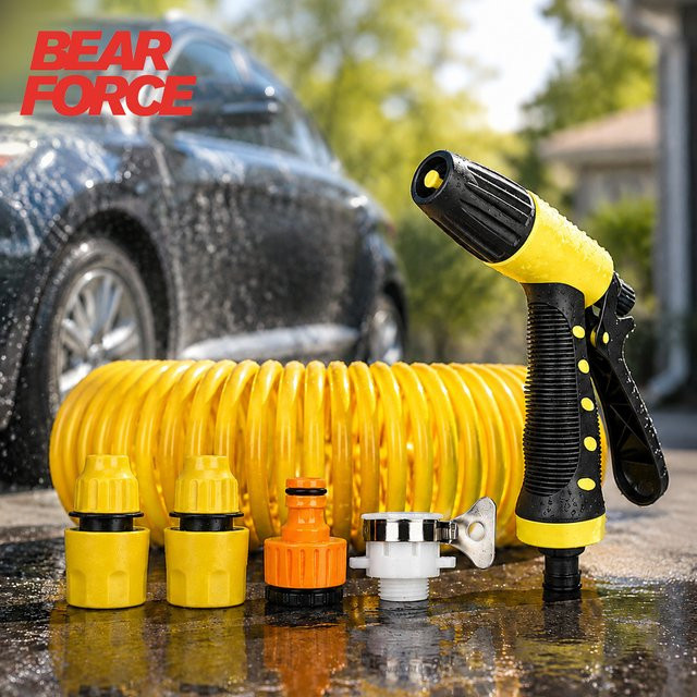 BEAR FORCE Wasserspritzpistole mit 10m Teleskop-Wasserschlauch und verstellbarer Düse in Gelb für Autowäsche und Gartenbewässerung - Bild 1