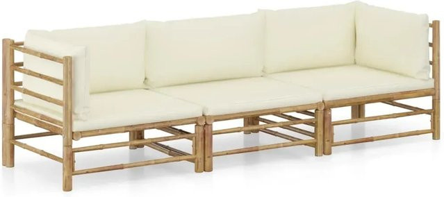 vidaXL 3-teiliges Garten-Lounge-Set aus Bambus mit cremeweißen Kissen - Bild 1