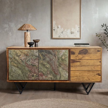 Sideboard FineBuy Kommode aus Sheesham Massivholz in Steinoptik mit Türen und Schubladen, Breite: 150 cm