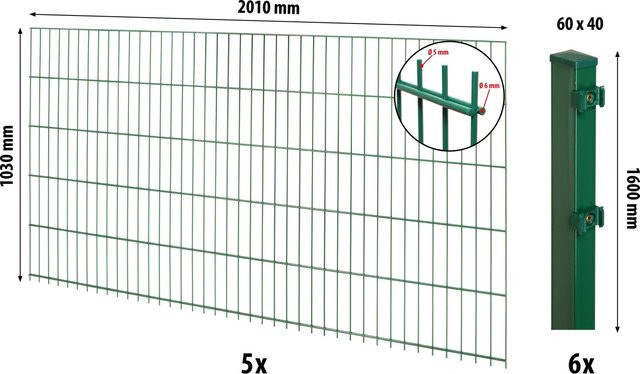 Floraworld Doppelstabmatten-Zaun aus Stahl mit Pfosten, Grün, Höhe: 100 cm, Länge: 1000 cm, Pfostenmaß: 6 x 4 cm - Bild 1