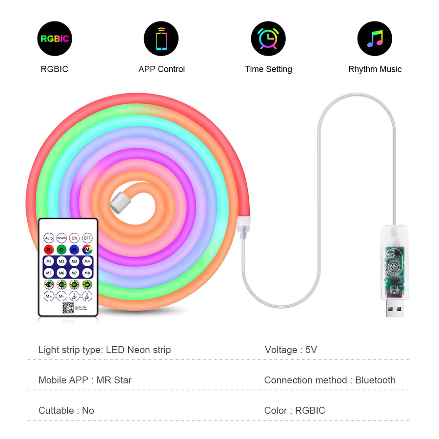 CHNAITEKE Bluetooth RGBIC LED Neon Flex Schlauch, Wasserdichter dimmbarer Silikon LED Neonlicht Streifen in Multicolour für TV-Hintergrundbeleuchtung und Wohnraumdekoration - Bild 2
