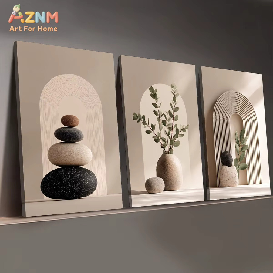AZNM Boho Wandkunst Leinwanddruck mit Eukalyptus und Steinstapel in Beige, minimalistische botanische Wabi-Sabi Ästhetik - Bild 2