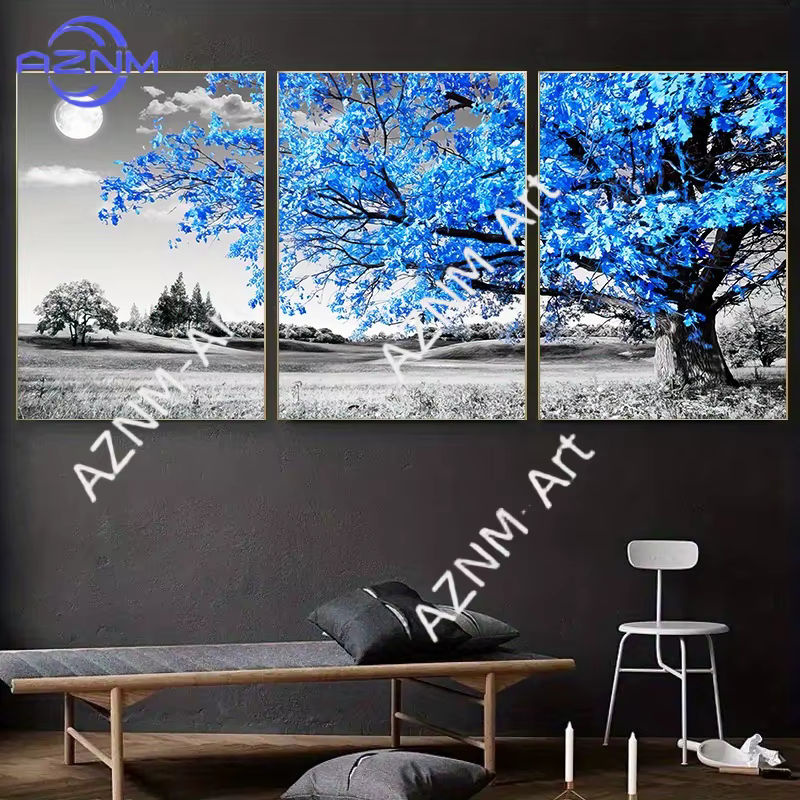 3-teiliges Leinwandposter AZNM mit blauem Baum in grauer Landschaft, skandinavische Wandkunst im Hochformat, rahmenlos - Bild 6