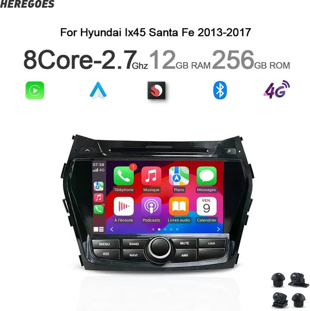 Android 13 Autoradio mit 8 Zoll Display für Hyundai ix45 Santa Fe 2013-2015, 4GB RAM, 256GB Speicher, Navigation, WLAN, Bluetooth, GPS und Radio in Schwarz - Bild 1
