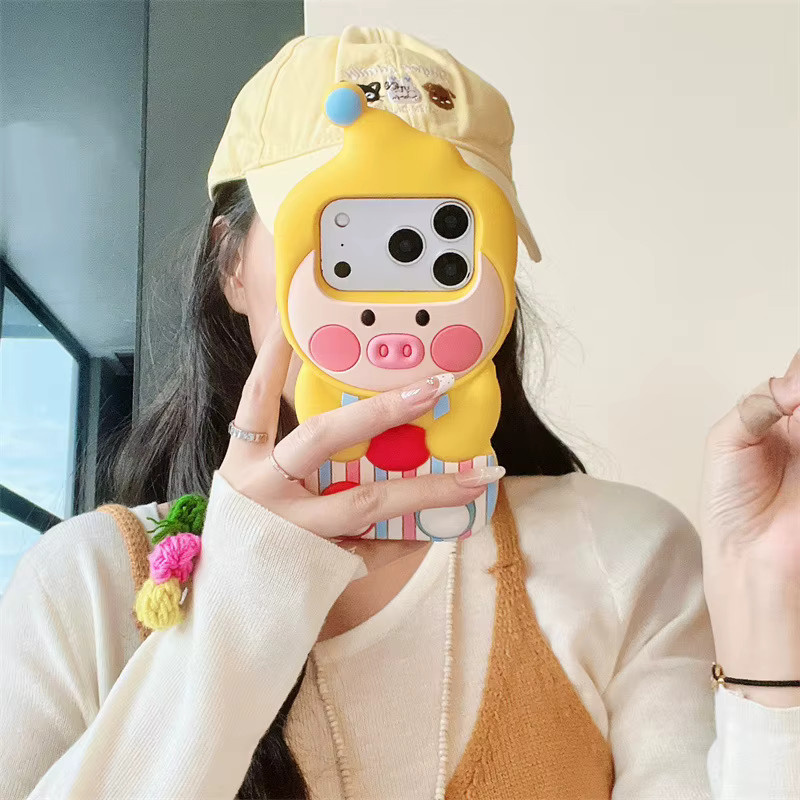 MUQGEW Silikon Handyhülle mit Cartoon-Schwein Motiv für iPhone 17 16 15 14 13 Pro Max Plus, stoßfeste Schutzhülle in Streifen-Design - Bild 2