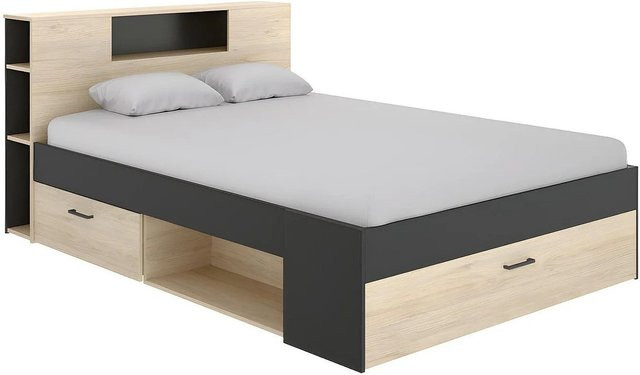 Vente-unique Bettrahmen Leandre mit Schubladen in Anthrazitgrau und Naturfarben Hell, B/T/H: 140 x 190 x 218,5 cm - Bild 1