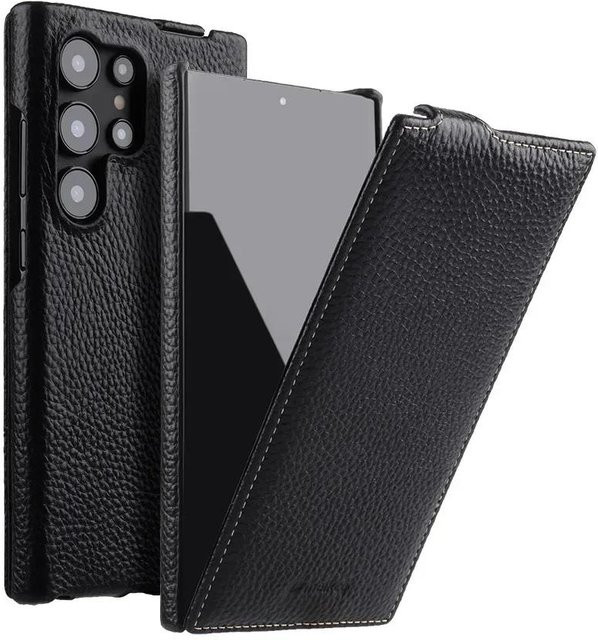 Melkco Premium Rindsleder Handyhülle für Samsung Galaxy S26 Ultra und S26 Plus 5G mit kabellosem Laden, vertikaler Flip-Case, Schwarz - Bild 1
