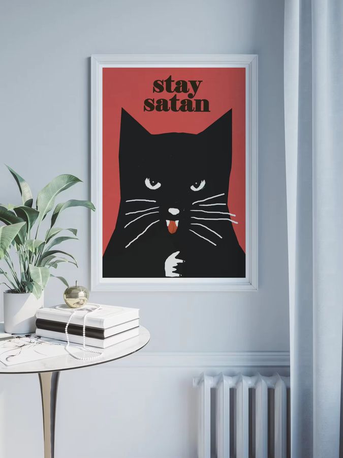 Originales Vintage Poster Bleiben Sie Satan mit schwarzer Katze von SHENCHEN als Wandkunst Illustration - Bild 3