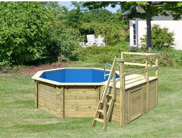 Karibu Achteckiger Aufstellpool Set C in Blau und Grau inklusive Skimmer, Schutzvlies und zwei Sonnenterrassen aus Massivholz Fichte - Bild 1