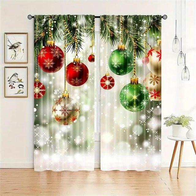 2-teiliges Set Weihnachtsvorhänge von Yiran Furniture mit Weihnachtsmannmotiv in Multicolour, halbtransparentes Polyester mit Digitaldruck, Breite: 65 cm, Höhe: 60 cm - Bild 1