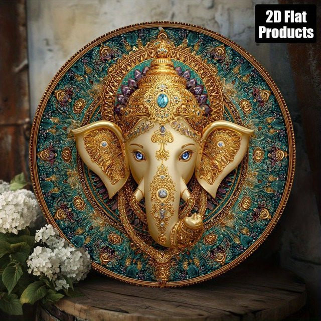 Rundes Aluminiumschild Ganesh in Gold mit orientalischem Design als Wanddekoration von Potdemiel - Bild 1
