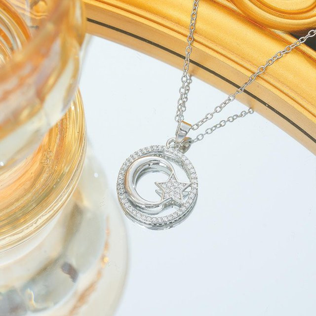 Clarbone Halskette, Neumond Sterne, Anhänger, Kupfer, Silber, Zirkonia, Damen - Bild 1
