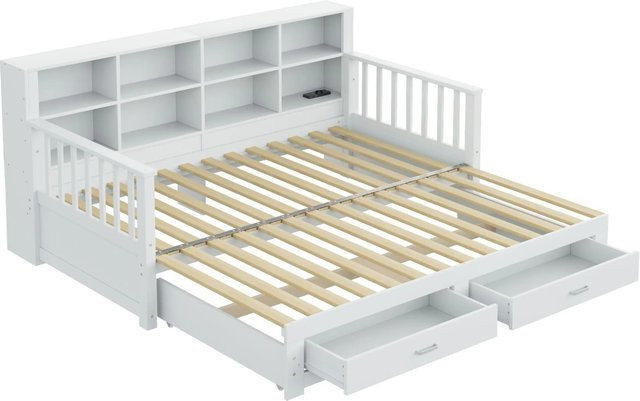 Merax Schlafsofa aus Massivholz mit Schubladen und USB-Anschluss, Farbe Weiß, B/T/H: 196,2 x 90 x 117 cm - Bild 1