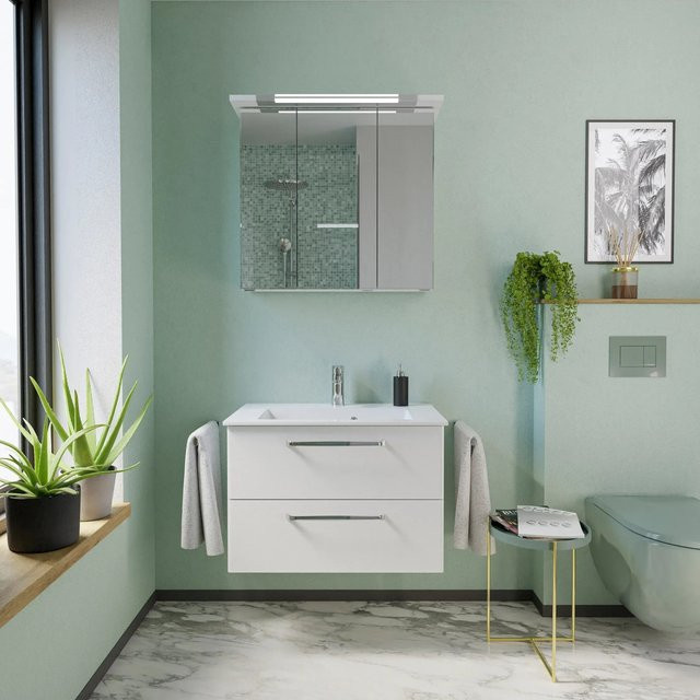 Pelipal Badmöbel-Set Trentino 3-tlg. in Weiß mit Waschtisch, Waschtischunterschrank und Spiegelschrank mit LED-Beleuchtung - Bild 1