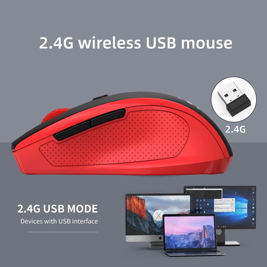 HXSJ Ergonomische kabellose 2,4 GHz Maus mit optischem Sensor und 6 Tasten in Rot und Schwarz für Laptop, Büro und Gaming - Bild 4