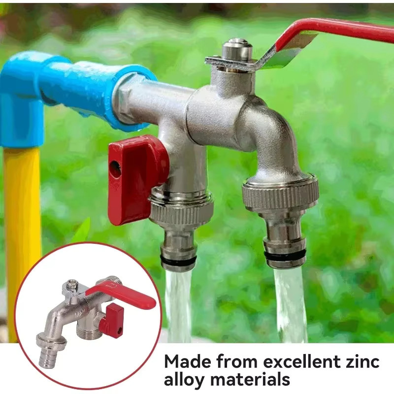 2-in-1 Doppel-Auslass Gartenwasserhahn mit Frostschutz aus Messing in Blau und Silber - Bild 4
