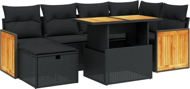 vidaXL 7-teilige Garten-Sofagarnitur aus Poly-Rattan und Akazienholz in Schwarz mit Kissen - Bild 1