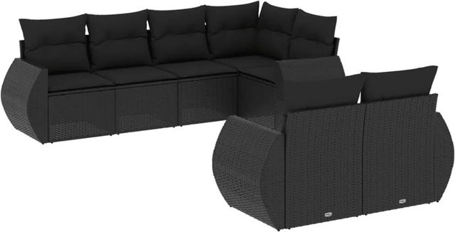 vidaXL 7-teilige Garten-Sofagarnitur in L-Form aus Poly-Rattan mit Kissen in Schwarz - Bild 1