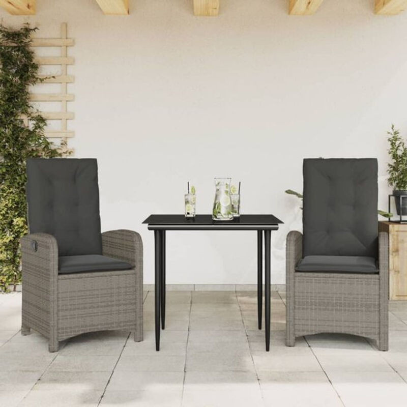 3-teilige moderne Garten-Essgruppe aus Poly-Rattan mit Glasplatte und grauen Kissen von vidaxl - Bild 1