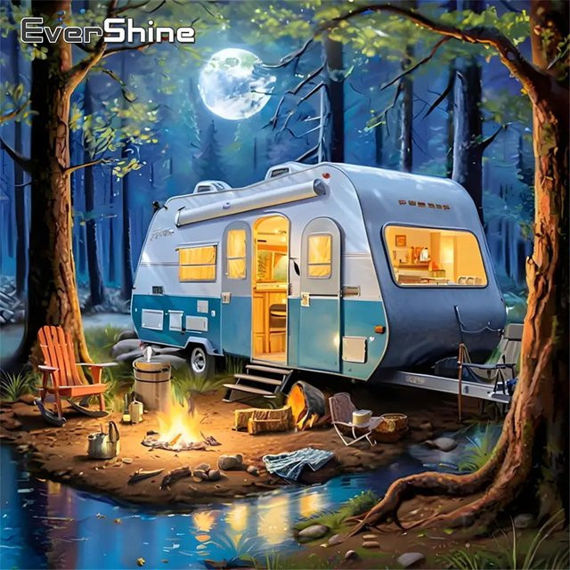Evershine 5D-Diamantgemälde Wohnmobil Landschaft als Diamantmosaik zum Selbermachen, Mehrfarbig, B/H: 20 x 20 cm - Bild 1