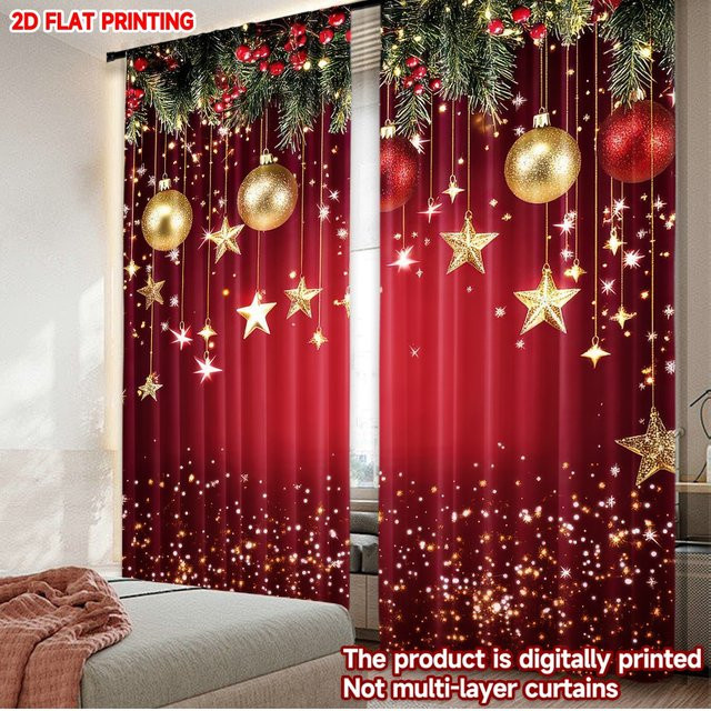 Set aus 2 Weihnachtsvorhängen mit goldenen Sternen, digital bedruckte Polyester-Vorhänge in Rot und Gold, halbtransparent mit Ösen - Bild 1