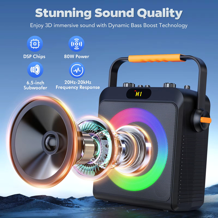 FanFun Karaoke-Maschine mit 2 kabellosen Mikrofonen, tragbarer Bluetooth 5.3 Karaoke-Lautsprecher mit 6,5-Zoll-Subwoofer und Bass-Echo-Funktion, Schwarz - Bild 2