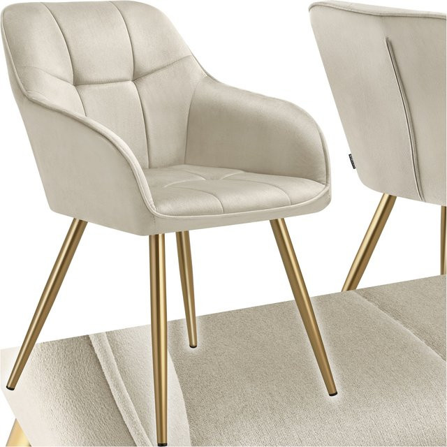 tectake Esszimmerstuhl Marilyn gepolstert in Samtoptik mit Steppmuster und goldenen Stahlbeinen, Farbe Beige Gold, B: 58 cm, T: 62 cm, H: 82 cm - Bild 1