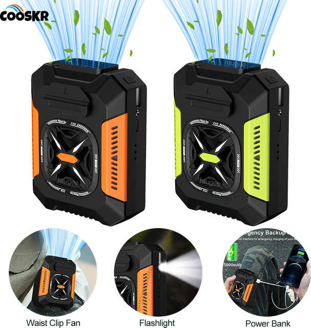 Cooskr Mini Tragbarer Taillenclip-Ventilator mit 5000 mAh Akku und LED-Licht, Wiederaufladbarer USB-Luftkühler mit Powerbank Funktion in Orange und Schwarz - Bild 1
