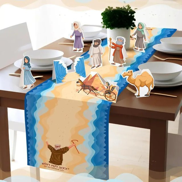 VIKAMA Happy Passover Tischläufer aus Leinen in Blau, Rechteckig, Breite: 90 cm, Tiefe: 33 cm - Bild 1