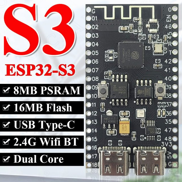 ESP32-S3 n16r8 Entwicklungsboard mit 16MB Flash, 8MB PSRAM, WS2812 LED und USB-C Anschluss für Arduino, WiFi und Bluetooth 2,4G - Bild 1